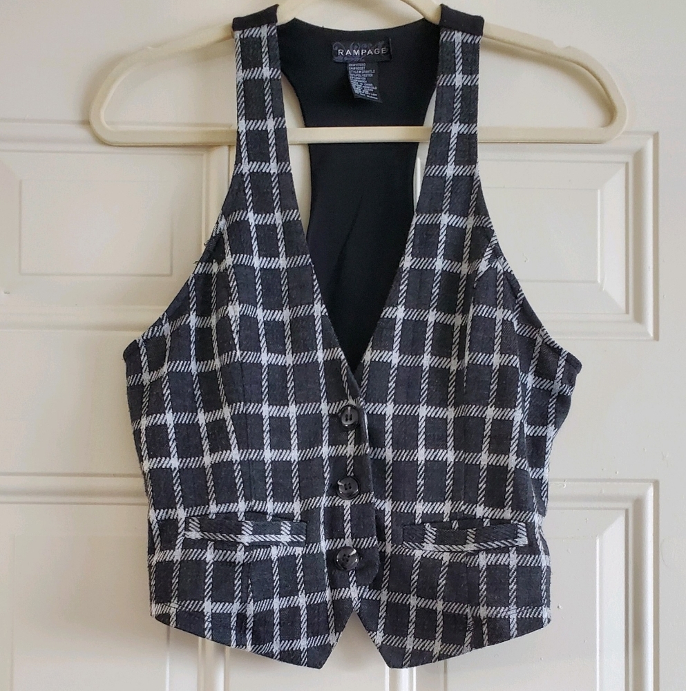 Y2K Rampage Black Plaid White Stripe Sleeveless Vest Large